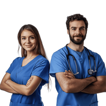 portrait of male and female nurses in scrubs with a transparent background representing healthcare professionals portrait male and female nurses background free png